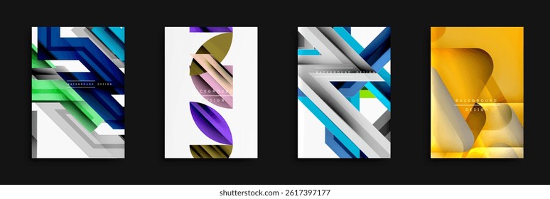Abstract geometric designs. Colorful shapes overlap, creating modern backgrounds. Bright gradients, dynamic compositions.