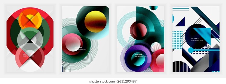 Abstract geometric designs dominate image. Overlapping shapes, vibrant colors create modern backgrounds. Circles, triangles, lines form dynamic compositions. Minimalist aesthetic present.