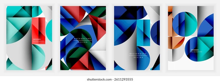 Abstract geometric designs dominate image. Vibrant colors, overlapping shapes create modern backgrounds. Triangles, curves suggest depth, movement. Clean aesthetic, minimalist style.