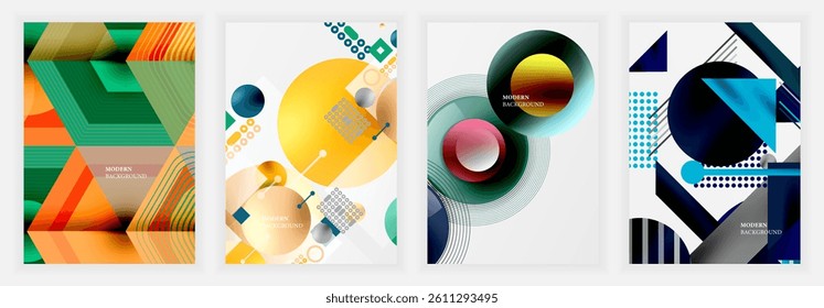 Abstract geometric designs dominate these vibrant posters. Shapes overlap, creating dynamic compositions with bold color palettes. Modern aesthetic, clean lines, visual harmony.