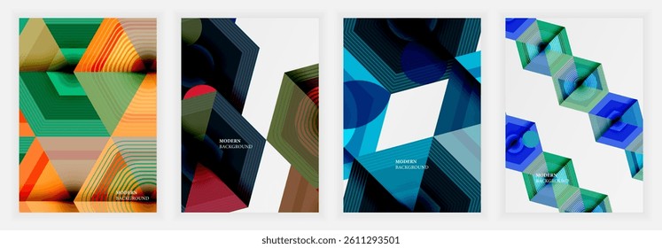 Abstract geometric designs dominate these vibrant backgrounds. Shapes overlap, creating depth with layered lines, colors, textures. Modern aesthetic, dynamic compositions.