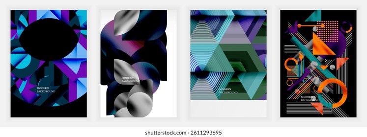 Abstract geometric designs dominate these vibrant backgrounds. Shapes overlap, creating dynamic visual textures. Colors blend, offering modern aesthetic appeal.