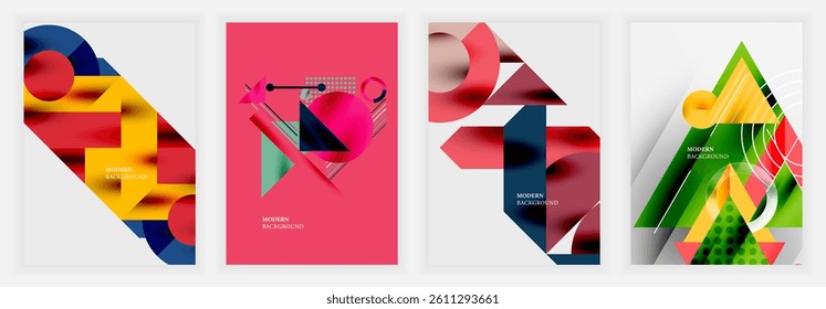Abstract geometric designs dominate. Vibrant colors, overlapping shapes create dynamic compositions. Modern backgrounds suggest artistic flair, visual energy.