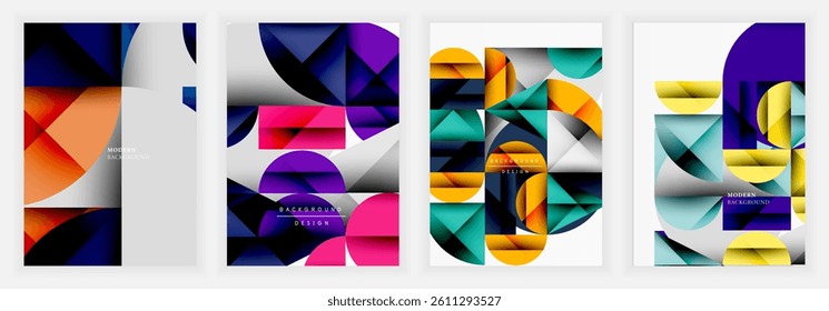 Abstract geometric designs dominate. Vivid colors, triangles, circles create dynamic compositions. Modern backgrounds suggest digital art, graphic design applications. Clean lines, gradients enhance v