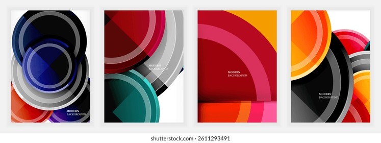 Abstract geometric designs feature overlapping circles, curves, lines. Vibrant color palettes include blues, reds, oranges, grays. Modern backgrounds suggest dynamic visual elements.