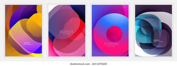 Abstract geometric designs feature overlapping circles, vibrant color gradients. Modern backgrounds suggest dynamic visual communication, stylish presentation options.