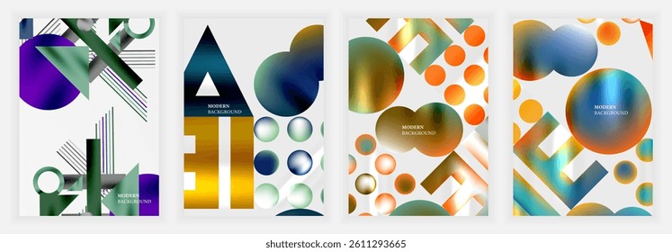 Abstract geometric designs feature vibrant gradients, circles, triangles, rectangles. Modern backgrounds suggest dynamic compositions, colorful palettes, sleek aesthetics.