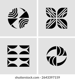 Abstract geometric designs featuring diverse shapes and symmetry in black and white colors