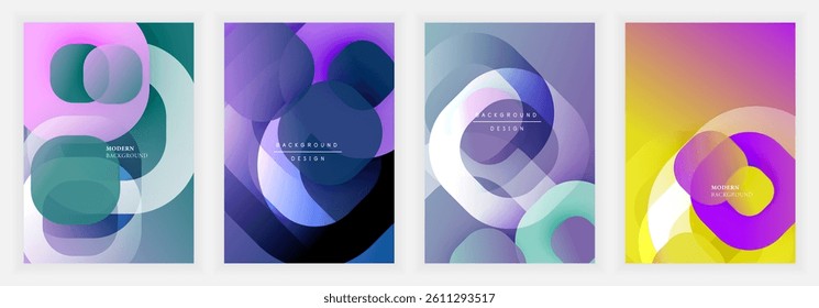 Abstract geometric designs featuring overlapping circles, gradients. Vibrant color palettes create modern backgrounds for various applications. Smooth transitions, dynamic compositions.