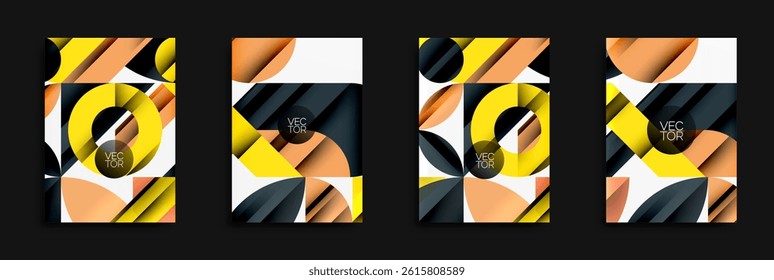 Abstract geometric designs. Four variations using circles, lines, shapes, colors. Modern vector illustrations for backgrounds or templates.