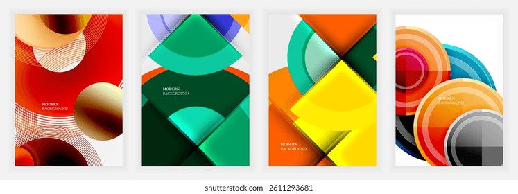 Abstract geometric designs. Overlapping shapes create vibrant compositions. Modern backgrounds feature circles, squares, lines, gradients. Colorful visuals suggest dynamic energy.