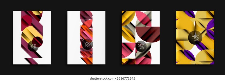 Abstract geometric designs. Overlapping shapes create dynamic compositions. Vibrant colors, modern aesthetic, vector illustrations.