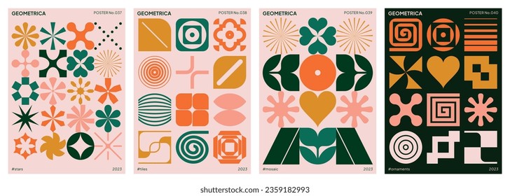 Abstract geometric designs. Set of modern and colorful shapes and symbols. Vector illustration. Trendy backgrounds for poster, cover, landing page, banner and packaging. Neo geo patterns.