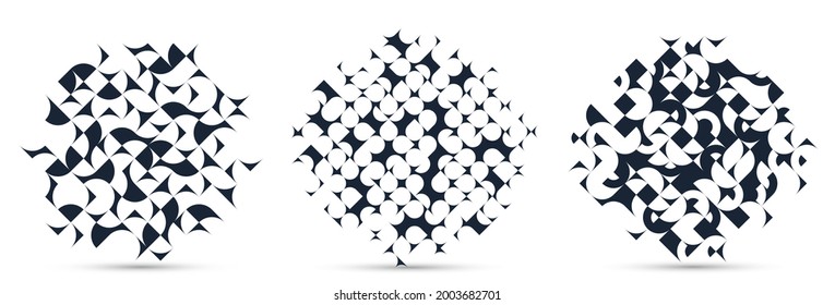 Abstract geometric designs set vector pattern compositions, black and white 70s retro style templates art isolated over white, creative elegant backgrounds.