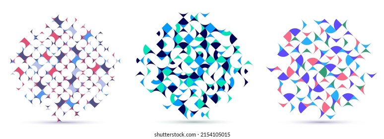 Abstract geometric designs set vector pattern compositions, colorful 70s retro style templates art isolated over white, creative elegant backgrounds.