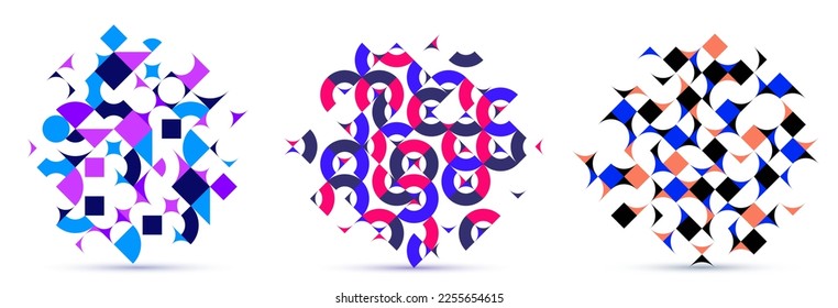 Abstract geometric designs set vector pattern compositions, colorful 70s retro style templates art isolated over white, creative elegant backgrounds.