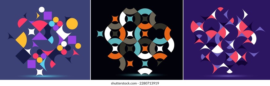 Abstract geometric designs set vector pattern compositions, colorful 70s retro style template art, creative elegant backgrounds, modular abstractions.