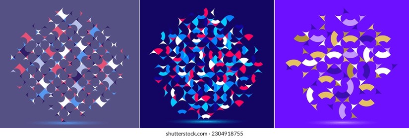 Abstract geometric designs set vector pattern compositions, colorful 70s retro style template art, creative elegant backgrounds, modular abstractions.