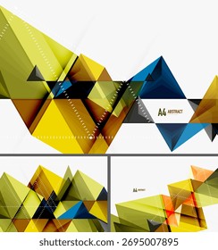 Abstrakte geometrische Entwürfe. Dreiecke überlappen sich und erzeugen lebendige Farbverläufe. Moderne Layouts für Präsentationen oder Hintergründe.