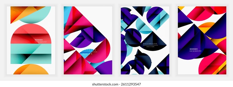 Abstract geometric designs. Vibrant color palettes, overlapping shapes create dynamic compositions. Modern backgrounds suitable for various digital projects.