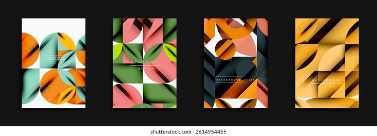 Abstract geometric designs. Vibrant color palettes, overlapping shapes create modern backgrounds. Minimalist aesthetic, clean lines present visual harmony.