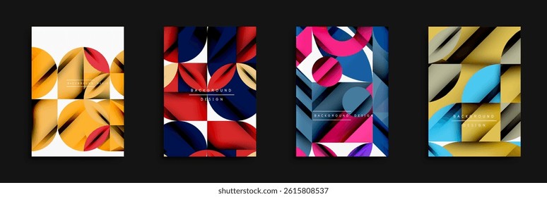 Abstract geometric designs. Vibrant color palettes, overlapping shapes create modern backgrounds. Minimalist aesthetic, clean lines present.
