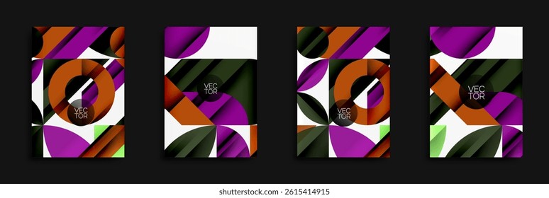 Abstract geometric designs. Vibrant colors, layered shapes create modern visual impact. Vector illustrations for backgrounds, layouts.