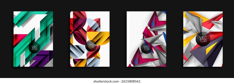 Abstract geometric designs. Vibrant colors, layered shapes create modern backgrounds. Vector illustrations suitable for various projects.