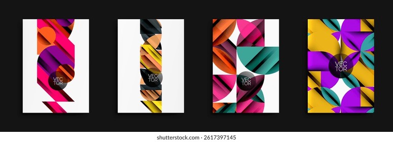 Abstract geometric designs. Vibrant colors, overlapping shapes, modern style. Vector illustrations for backgrounds, flyers.