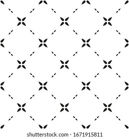 Abstract geometric diagonal seamless pattern. Black minimalistic vector flowers with four petals on white background. Simple vector illustration. Polka dot design for printing on textile, fabric