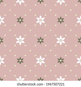 Abstract geometric diagonal seamless pattern. White and green flowers with six petals on dusty pink background. Simple vector illustration. Polka dot floral design for print on textile, paper