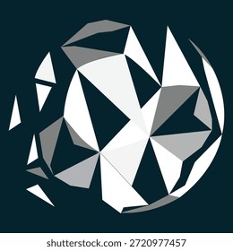 Ilustración geométrica Abstractas de la forma del diamante o del cristal, diseño facetado poligonal de la esfera en escala de grises en un fondo oscuro, representando el lujo, la tecnología, y el arte moderno..