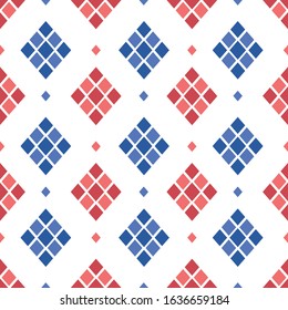 Abstract geometric diamond seamless pattern vector background. A decorative illustration with red and blue colors on isolated white layer. For fabric, cloth, etc. Eps 10 format, printable colors.