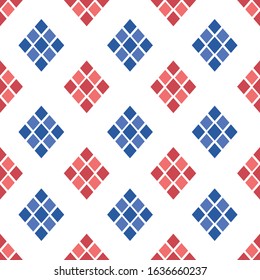 Abstract geometric diamond seamless pattern vector background. A decorative illustration with red and blue colors on isolated white layer. For fabric, cloth, etc. Eps 10 format, printable colors.