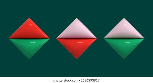 Abstract geometric diamond shape in Christmas color on green background. Red, green, white rhomb. Winter design elements for pattern, card, new year template. Vector illustration minimalist style