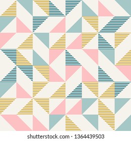 Abstract geometric diamond shapes geo print. Seamless vector pattern. Mint, blush pink, mustard yellow, teal retro colors background. Fashion fabric patchwork design. Retro mid century wallpapers.