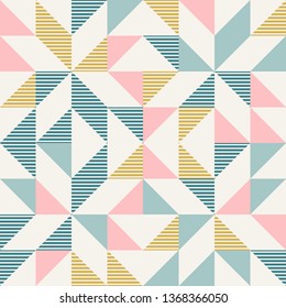 Abstract geometric diamond shapes geo print. Seamless vector pattern. Mint, blush pink, mustard yellow, teal retro colors background. Fashion fabric patchwork design. Retro mid century wallpapers.