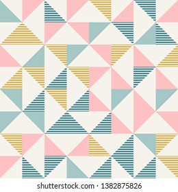 Abstract geometric diamond shapes geo print. Seamless vector pattern. Mint, blush pink, mustard yellow, teal retro colors background. Fashion fabric patchwork design. Retro mid century wallpapers.