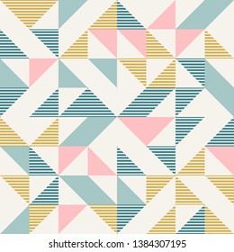 Abstract geometric diamond shapes geo print. Seamless vector pattern. Mint, blush pink, mustard yellow, teal retro colors background. Fashion fabric patchwork design. Retro mid century wallpapers.