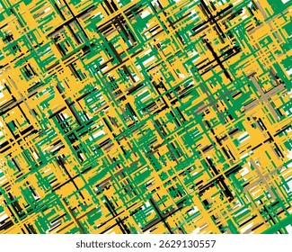 Arte digital geométrico Abstractas que presenta una compleja y colorida cuadrícula de líneas superpuestas en tonos de amarillo, verde, negro, blanco y marrón.