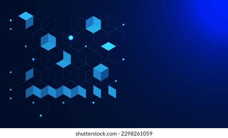 Abstract geometric digital block and glowing particle for blockchain technology concept background. Vector illustration.