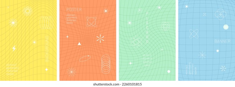 Abstract geometric distorted space poster set. Futuristic linear grid with distortion on colorful backgrounds. Design templates for science, music or presentation album print. Modern vector placards