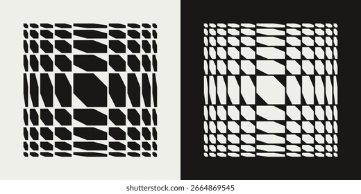 Abstract geometric distorted square patterns in black and white. Geometric shapes with refraction and distortion effect creating an optical illusion effect. Trendy vector illustration