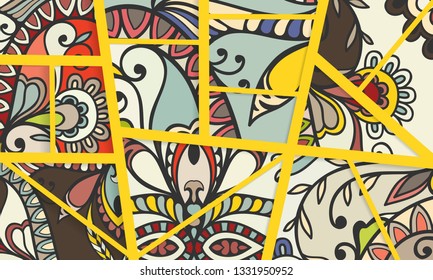 Abstract geometric doodle background. Patchwork quilt pattern. Colorful decorative collage. Trendy lines and shapes with 3D effect. Vector illustration