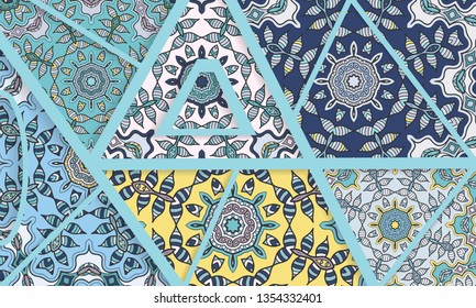Abstract geometric doodle background. Patchwork quilt pattern. Colorful decorative collage  Trendy lines and shapes with 3D effect. Vector illustration