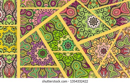 Abstract geometric doodle background. Patchwork quilt pattern. Colorful decorative collage  Trendy lines and shapes with 3D effect. Vector illustration