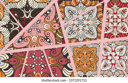 Abstract geometric doodle background. Patchwork quilt pattern. Colorful decorative collage  Trendy lines and shapes with 3D effect. Vector illustration