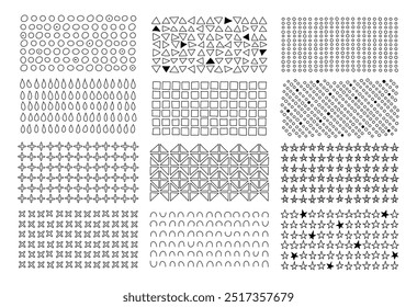 Abstract geometric doodle elements vector set. Hand drawn line patterns featuring rows of circles, triangles, squares, stars and crosses. Perfect for backgrounds, textures and minimalistic designs