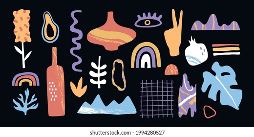 Abstract geometric doodle shapes and objects set with brush texture on black background, hand drawn contemporary modern icons collection, freehand flat cartoon style, exotic plants and grid, isolated