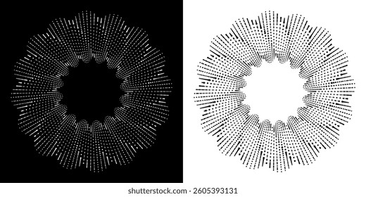 Abstract Geometric Dotted Circle Shape, Modern Halftone Technology Pattern, Dynamic Round Optical Illusion Design in Black and White. Vector Illustration.
